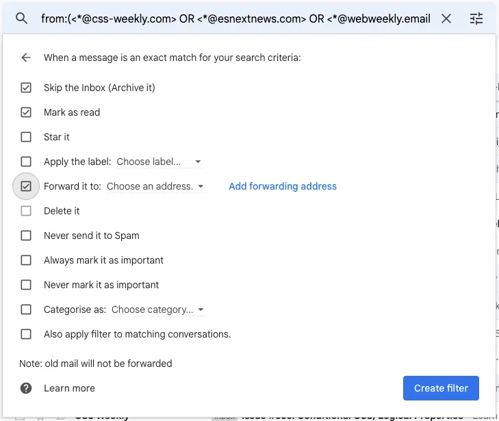 A screenshot of the create filter dialog in Gmail
